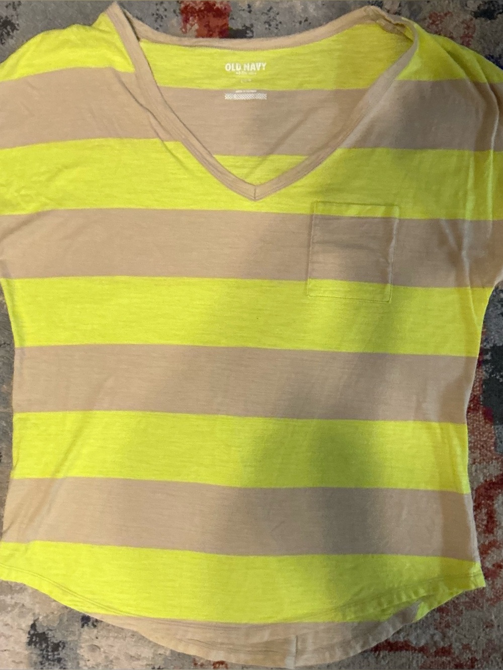 Old Navy Neon Yellow and Beige Striped V-Neck Tee